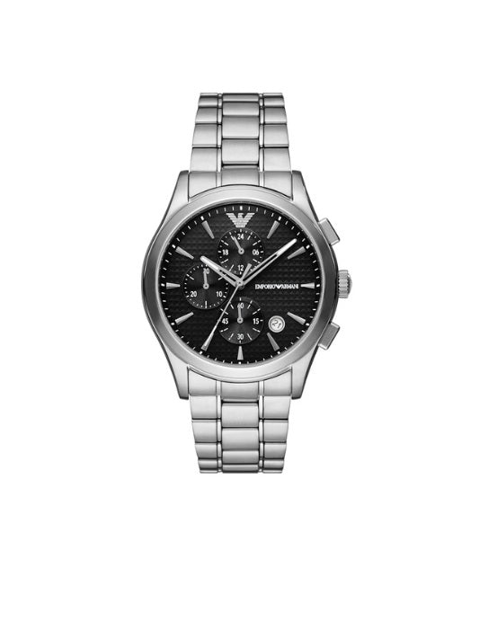 Emporio Armani Silver Steel Watch with Black Dial and Chronograph - AR11602