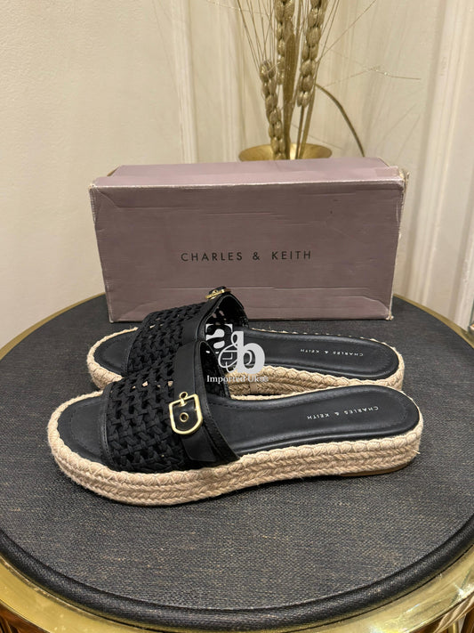 Charles & Keith Buckle Strap Espadrille Sandal In Black