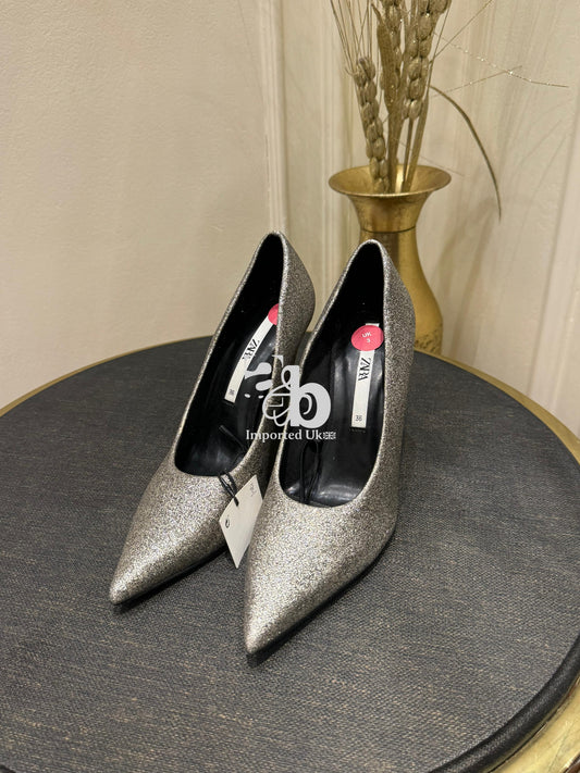 Zara Glitter Silver Heel Shoes For Women