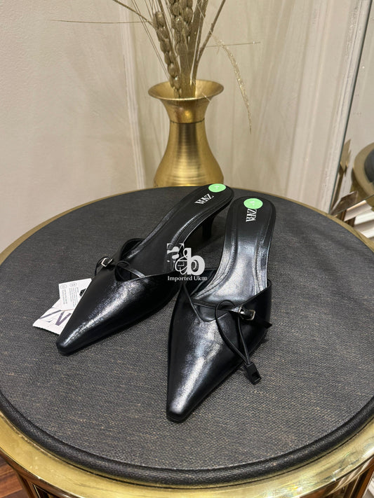 Zara Pointed Toe Black Leather Buckle Kitten Heel