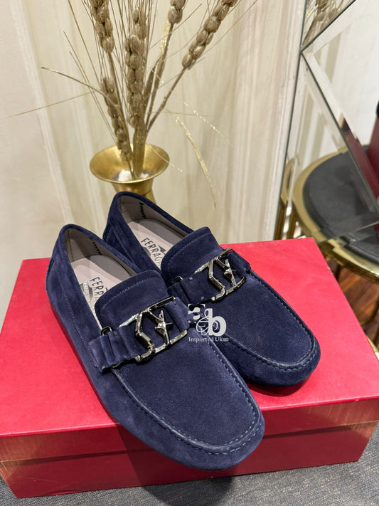 Salvatore Ferragamo Blue Suede Ornament Driver Loafers