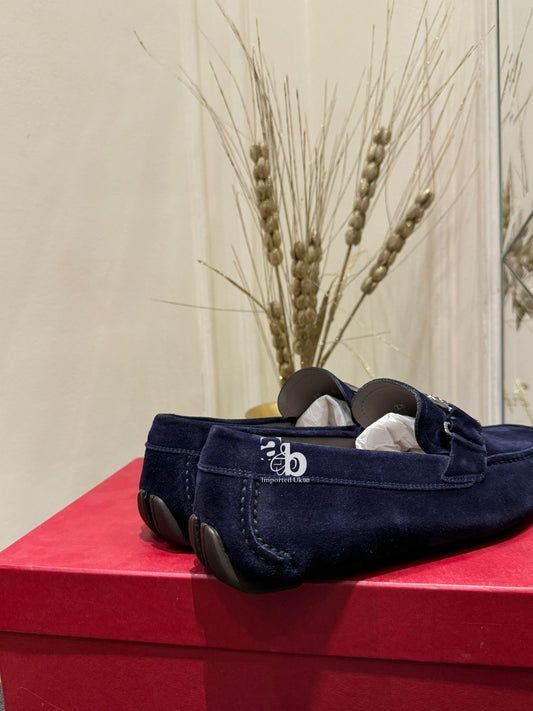 Salvatore Ferragamo Blue Suede Ornament Driver Loafers