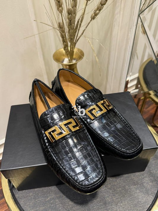Versace Men’s Black Greca Croc-Embossed Leather Loafer