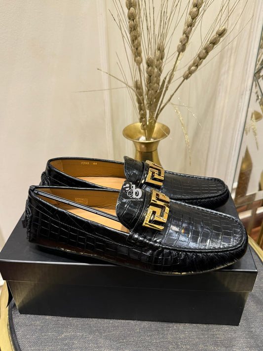 Versace Men’s Black Greca Croc-Embossed Leather Loafer