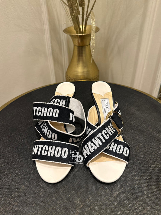 Jimmy Choo White/Black Web Bailey Logo Ankle Strap Heels