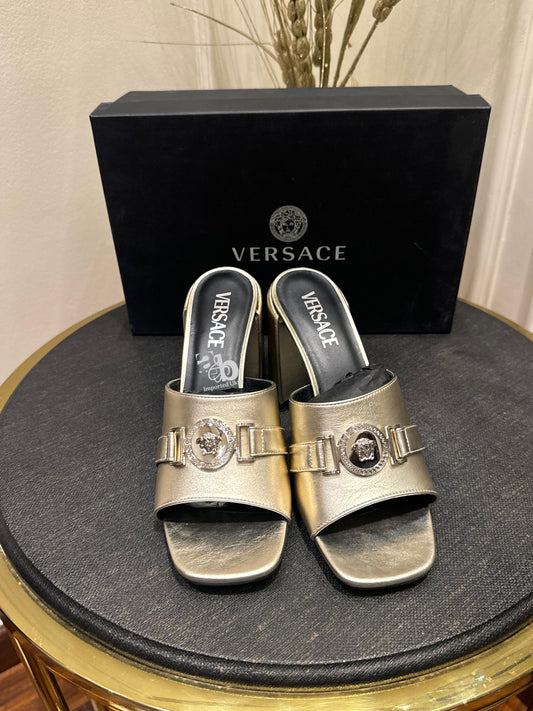 Versace Metallic Gold Block Heels