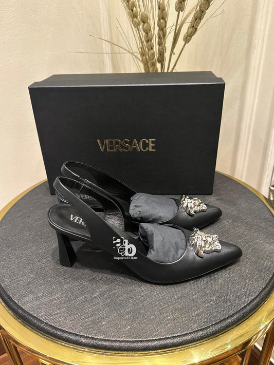 Versace Black Heel For Women Silver Logo
