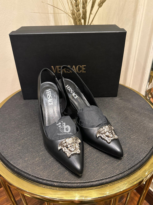 Versace Black Heel For Women Silver Logo
