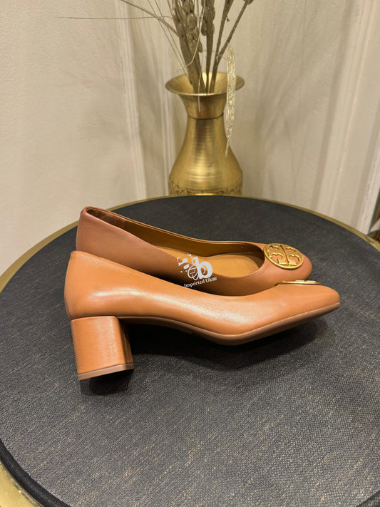 Tory Burch Brown Leather Janey Buckle Detail Block Heel Pumps
