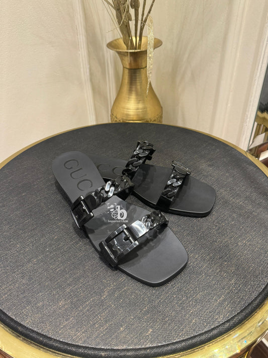 Gucci Black Rubber Chain Strap Flats