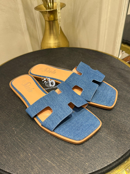 Shein Denim Blue H Design Flat Slides For Women
