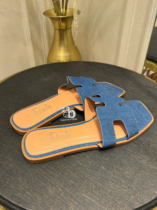 Shein Denim Blue H Design Flat Slides For Women