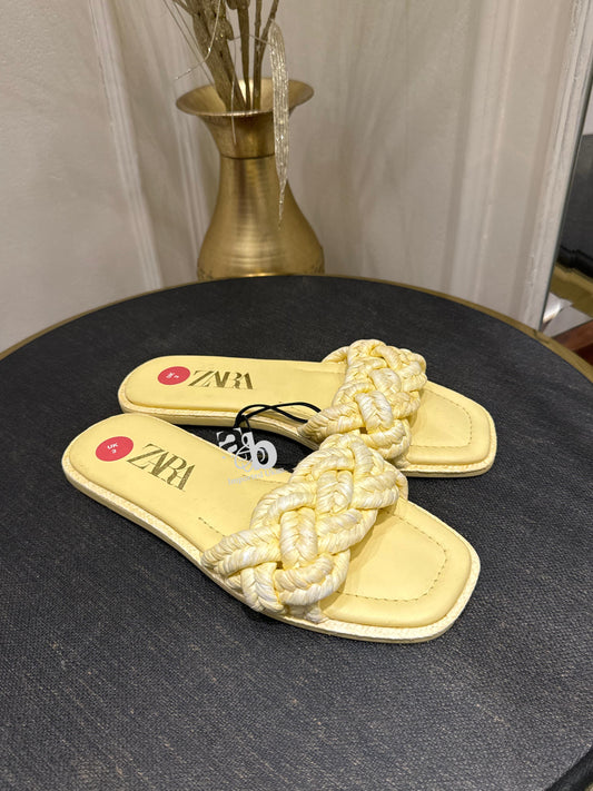 Zara Yellow Woven Raffia Sandals Flats