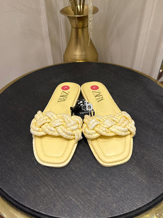 Zara Yellow Woven Raffia Sandals Flats