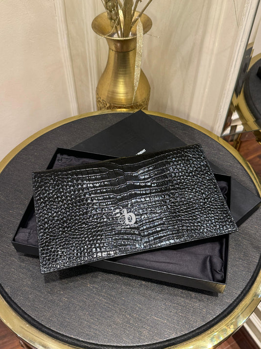 Saint Laurent Uptown Pouch in Crocodile-embossed Shiny Leather