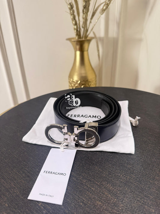 Salvatore Ferragamo Navy Leather Belt Silver Buckle