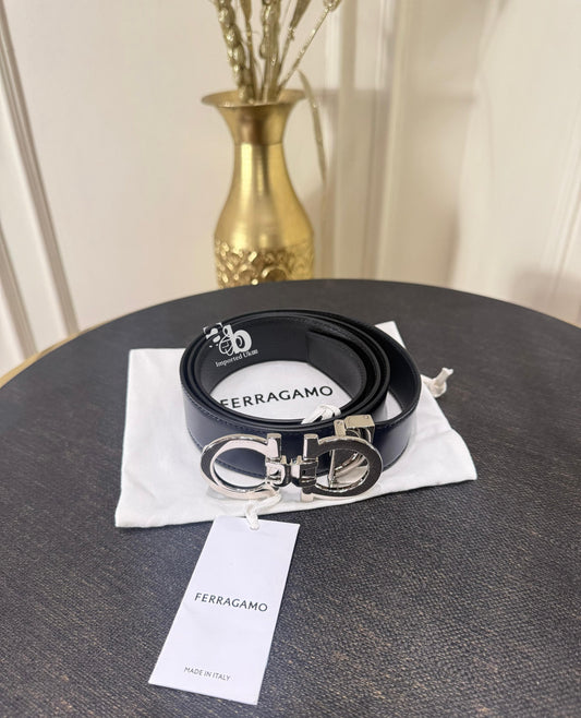 Salvatore Ferragamo Navy Leather Belt Silver Buckle