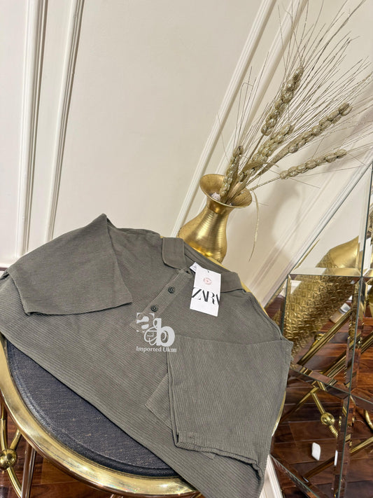 Zara Men`s Olive Green Short Sleeve Oversized Waffle Polo Shirt