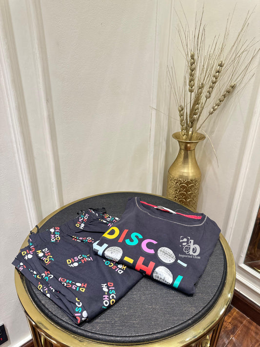 M&S Full Sleeves Pure Cotton Disco Slogan PJ Set