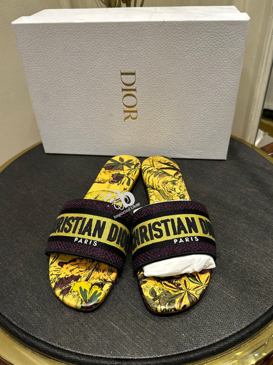 Christian Dior Canvas Floral Printed D-Way Slide Black Yellow