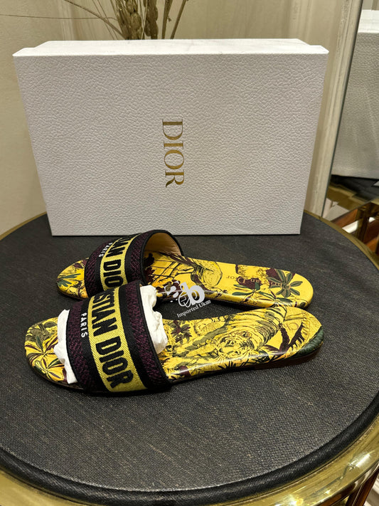 Christian Dior Canvas Floral Printed D-Way Slide Black Yellow